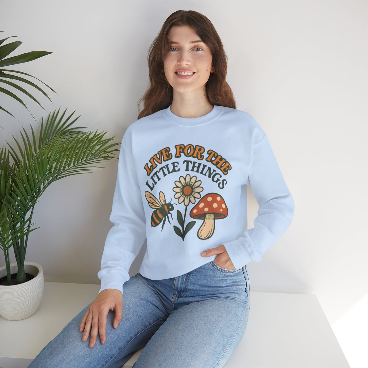 "Live For The Little Things" Bee, Daisy & Mushroom Retro Nature Design Crewneck Sweatshirt
