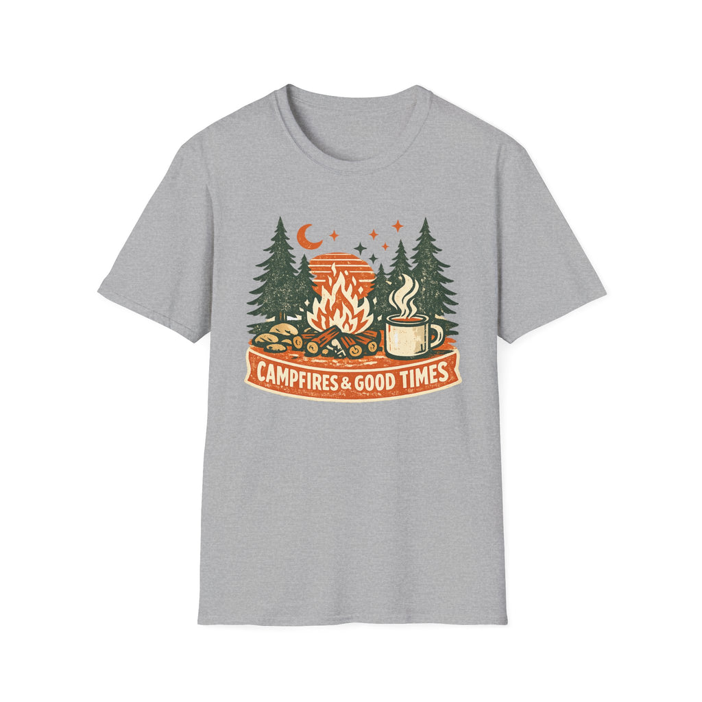"Campfires & Good Times" T-Shirt — Retro Camping Tee with Bonfire, Trees & Coffee Mug