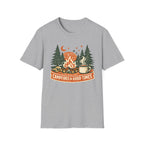 "Campfires & Good Times" T-Shirt — Retro Camping Tee with Bonfire, Trees & Coffee Mug