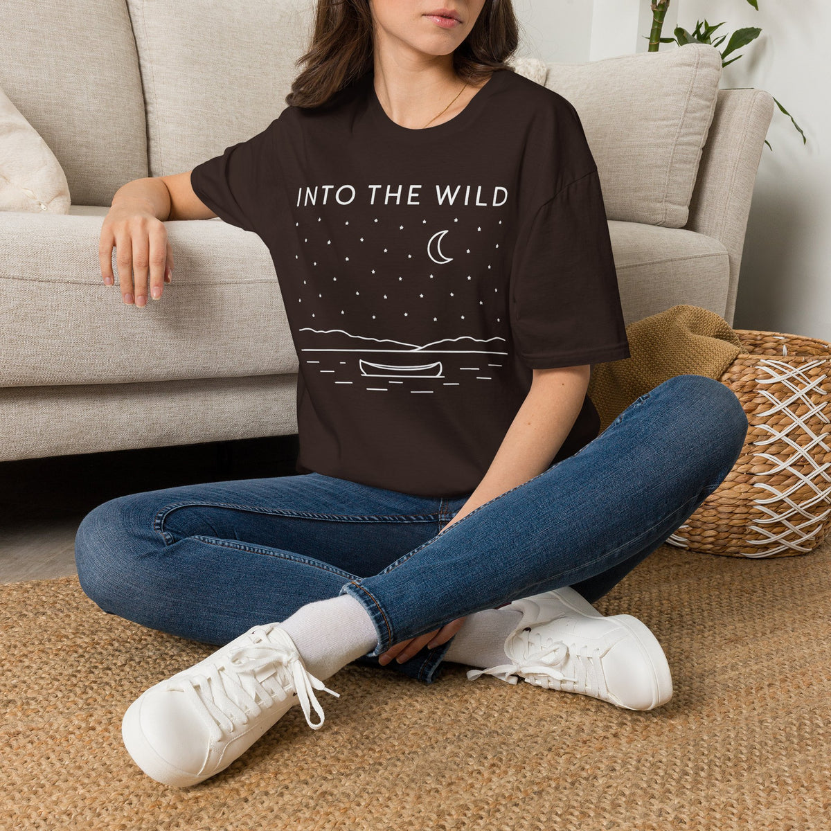 Into The Wild Canoe T-Shirt - Minimal Night Sky Lake Camping Tee