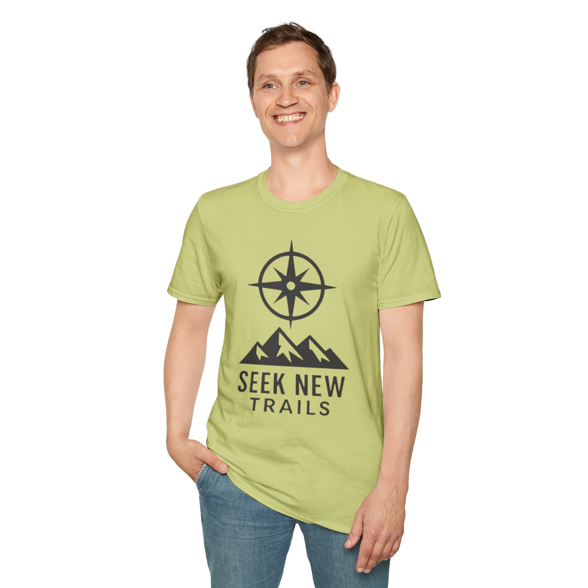 "Seek New Trails" Compass Over Mountains T-Shirt