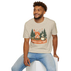"Campfires & Good Times" T-Shirt — Retro Camping Tee with Bonfire, Trees & Coffee Mug