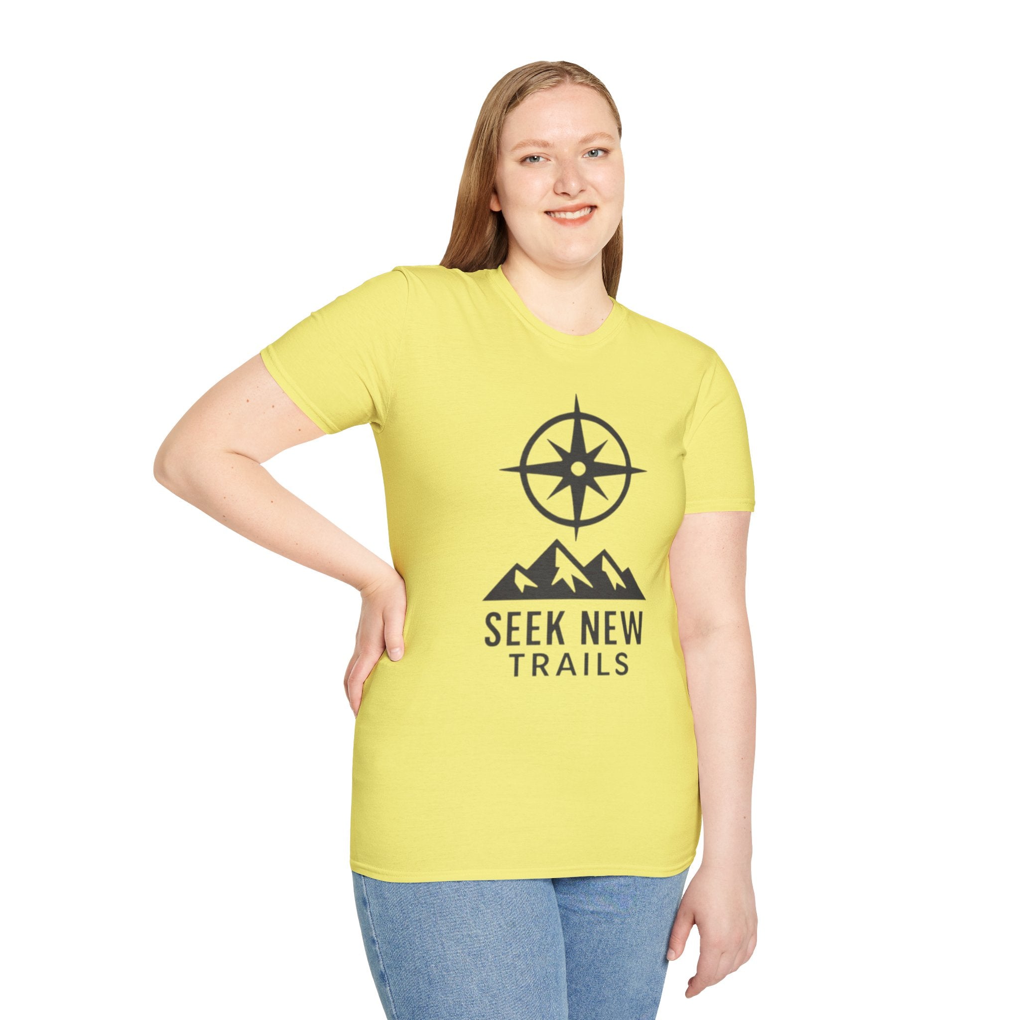 "Seek New Trails" Compass Over Mountains T-Shirt