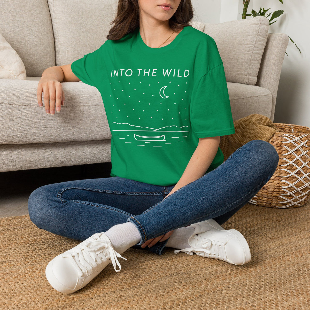 Into The Wild Canoe T-Shirt - Minimal Night Sky Lake Camping Tee