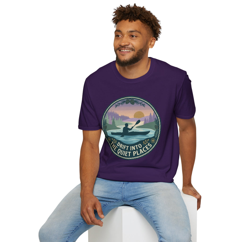Kayak Sunset T‑Shirt — "Drift Into The Quiet Places" Outdoor Relaxation Tee