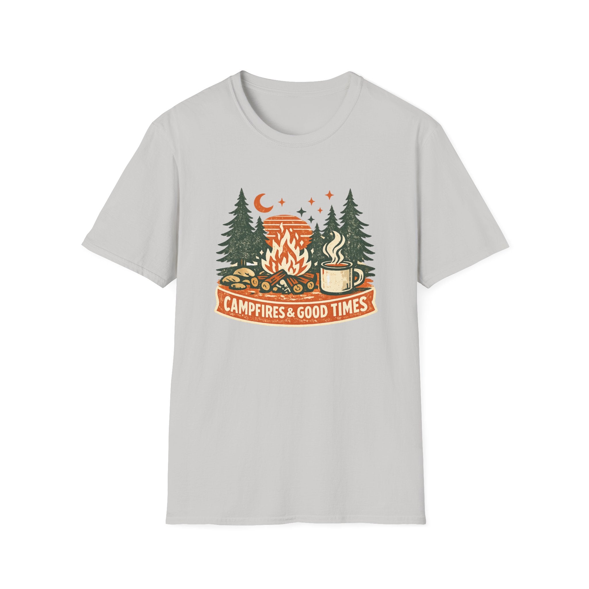 Campfires & Good Times T-Shirt — Retro Camping Tee with Bonfire, Trees & Coffee Mug