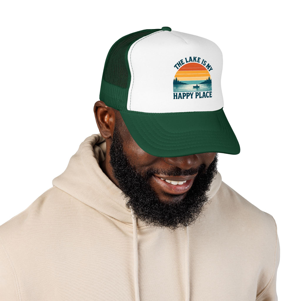 Lake Is My Happy Place Trucker Hat — Vintage Sunset Fishing Foam Cap