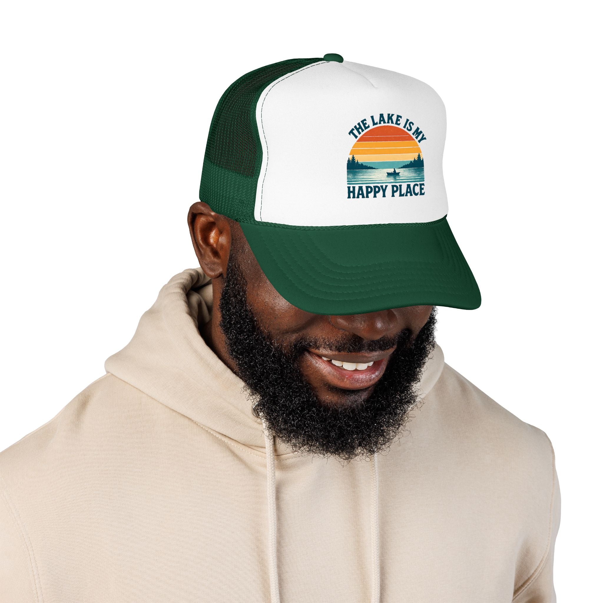 Lake Is My Happy Place Trucker Hat — Vintage Sunset Fishing Foam Cap