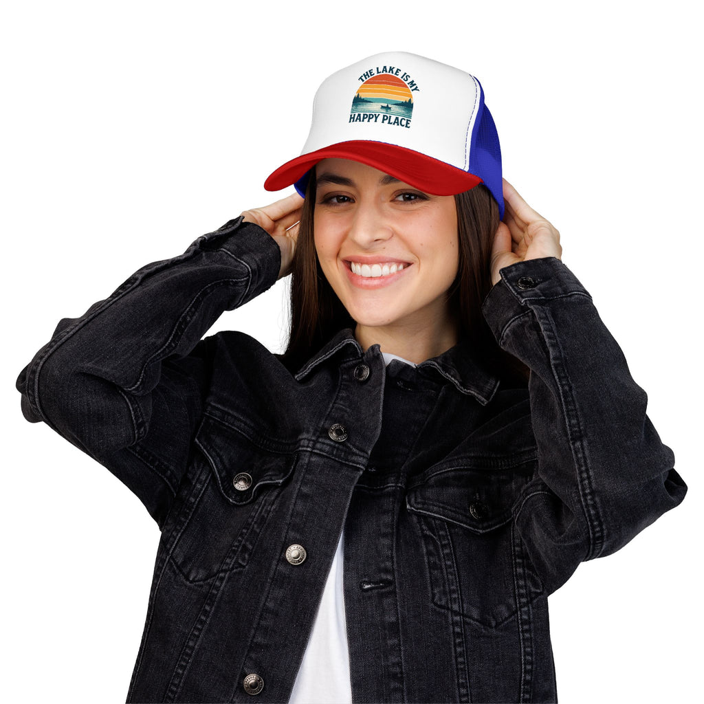 Lake Is My Happy Place Trucker Hat — Vintage Sunset Fishing Foam Cap