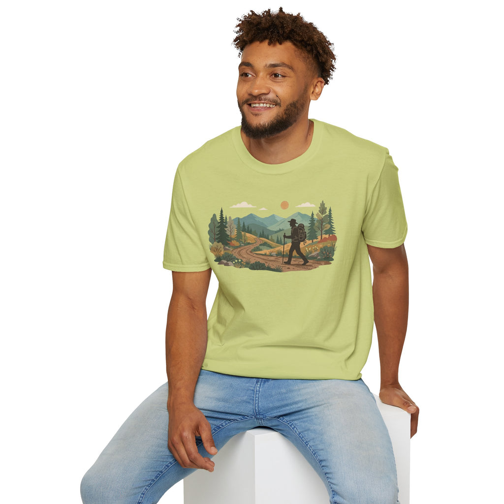 Hiker Mountain Sunset T-Shirt — Scenic Trail Adventure Tee