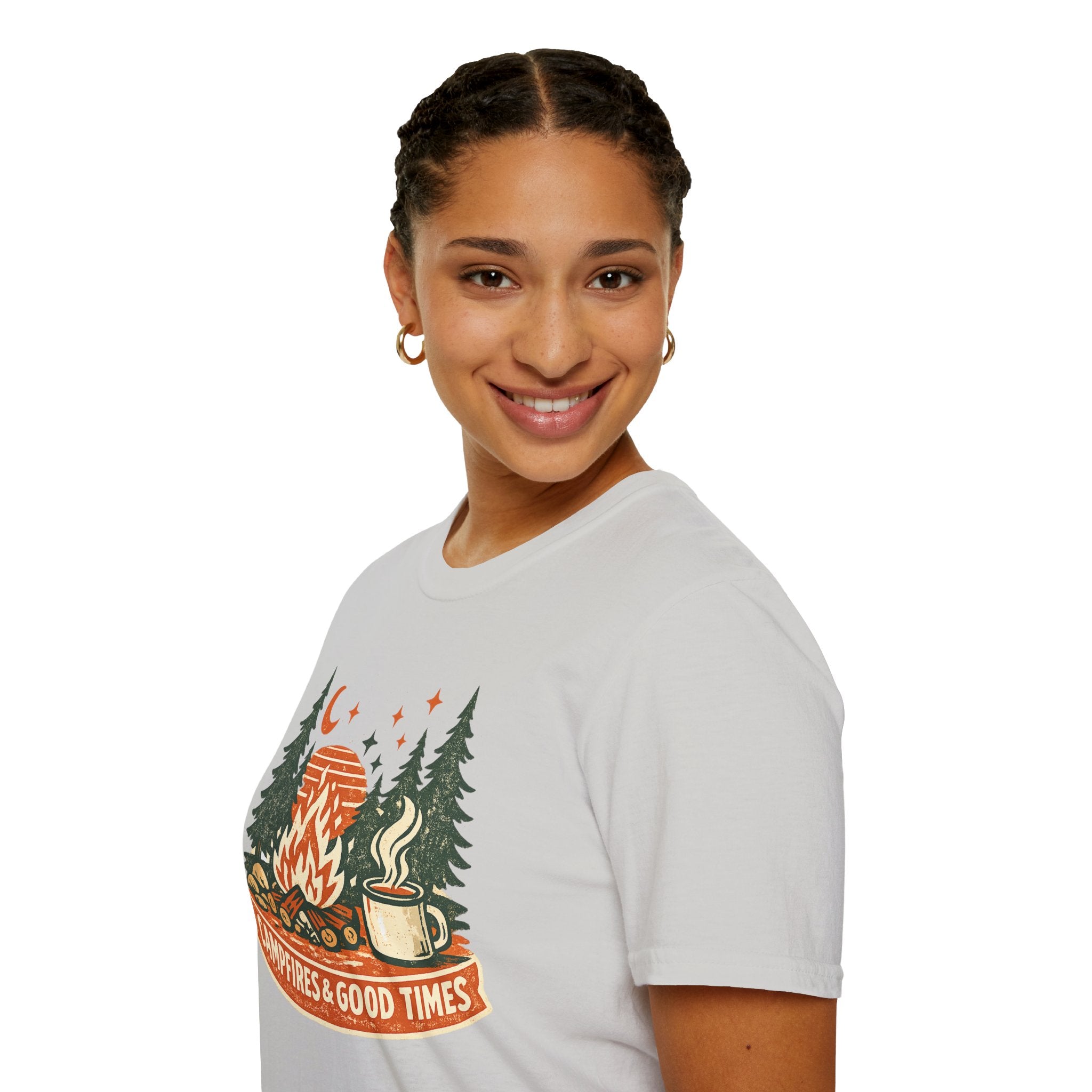 "Campfires & Good Times" T-Shirt — Retro Camping Tee with Bonfire, Trees & Coffee Mug