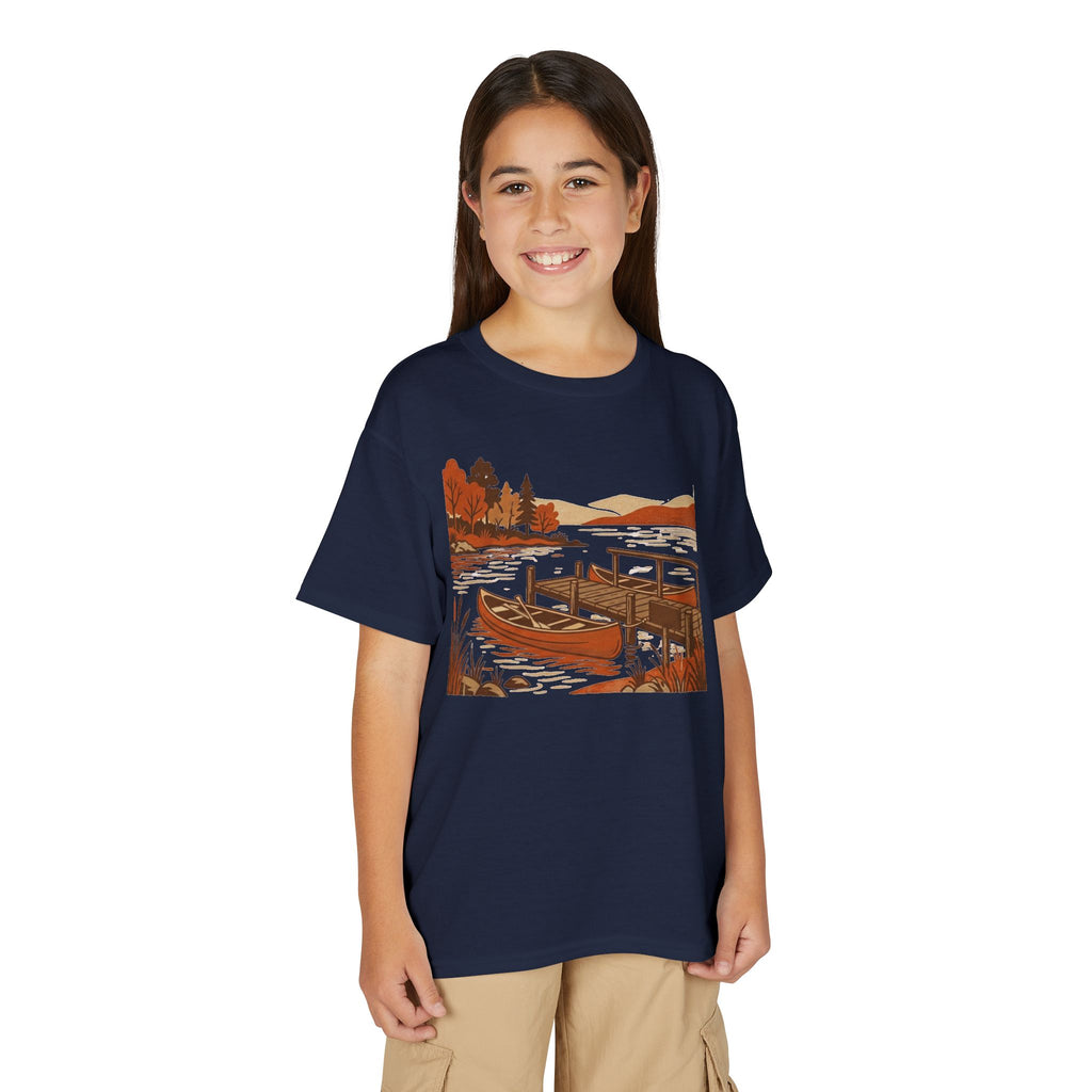 Youth T-Shirt — Autumn Lakeside Dock & Canoe Kids Tee