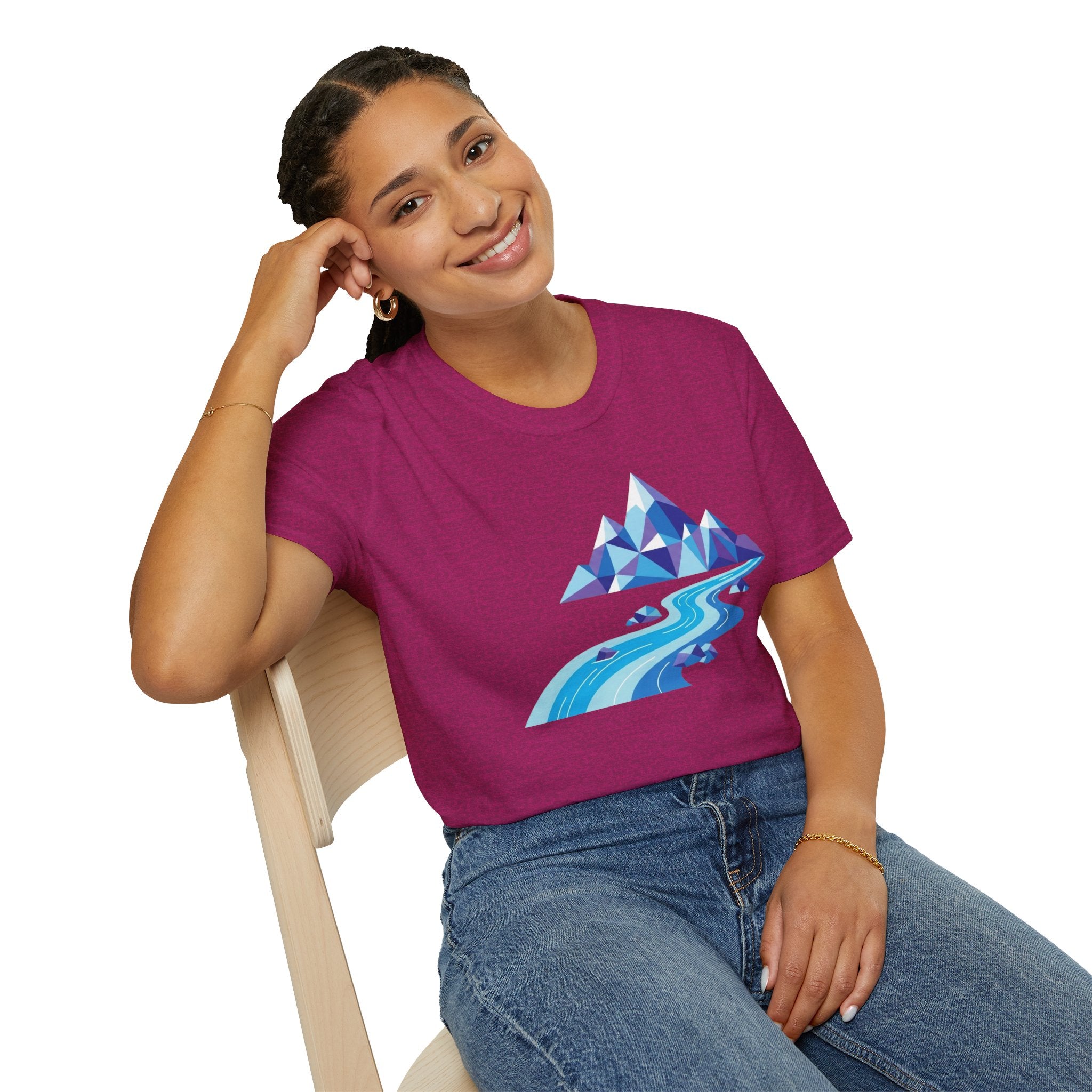 Mountain River T-Shirt — Geometric Blue Peaks & Flowing River