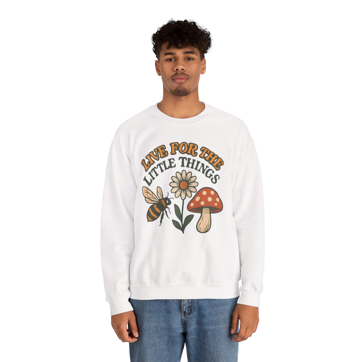 "Live For The Little Things" Bee, Daisy & Mushroom Retro Nature Design Crewneck Sweatshirt