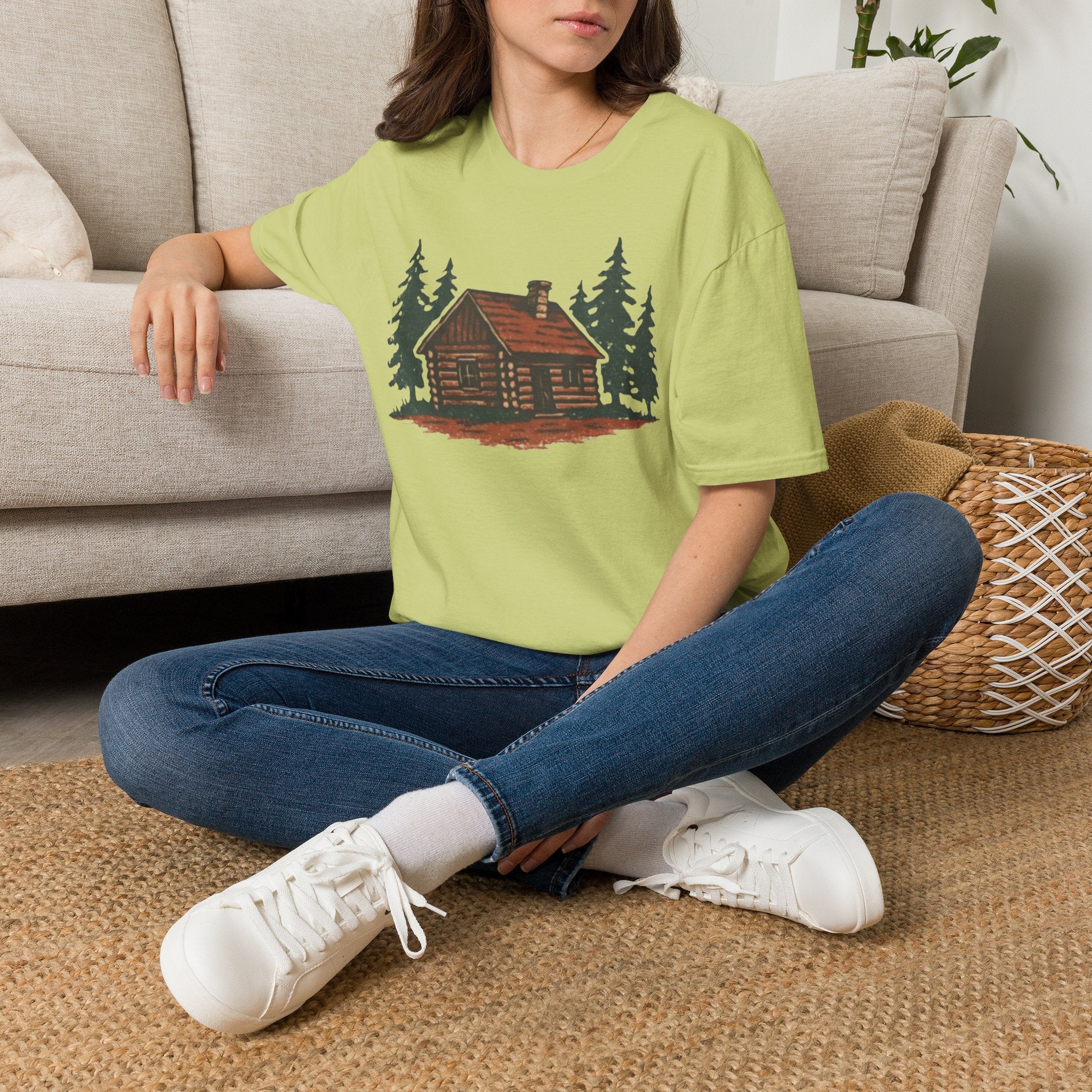 Vintage Cozy Cabin T-Shirt — Faded Pine Tree Cabin Tee