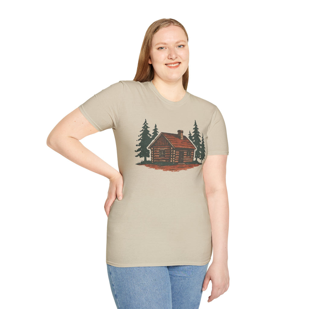 Vintage Cozy Cabin T-Shirt — Faded Pine Tree Cabin Tee