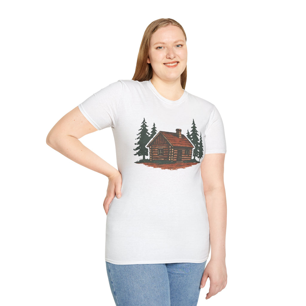 Vintage Cozy Cabin T-Shirt — Faded Pine Tree Cabin Tee