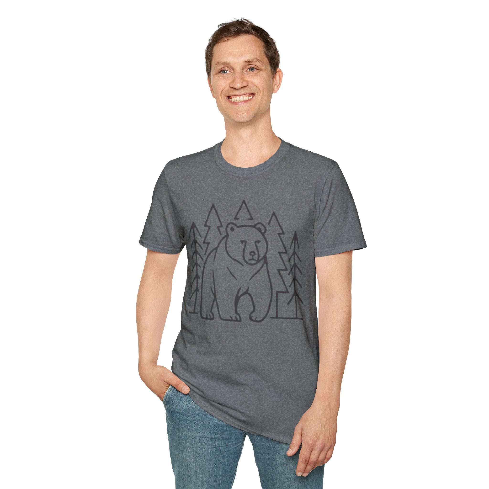 Bear & Pines T-Shirt — Minimal Line Drawing Woodland Tee
