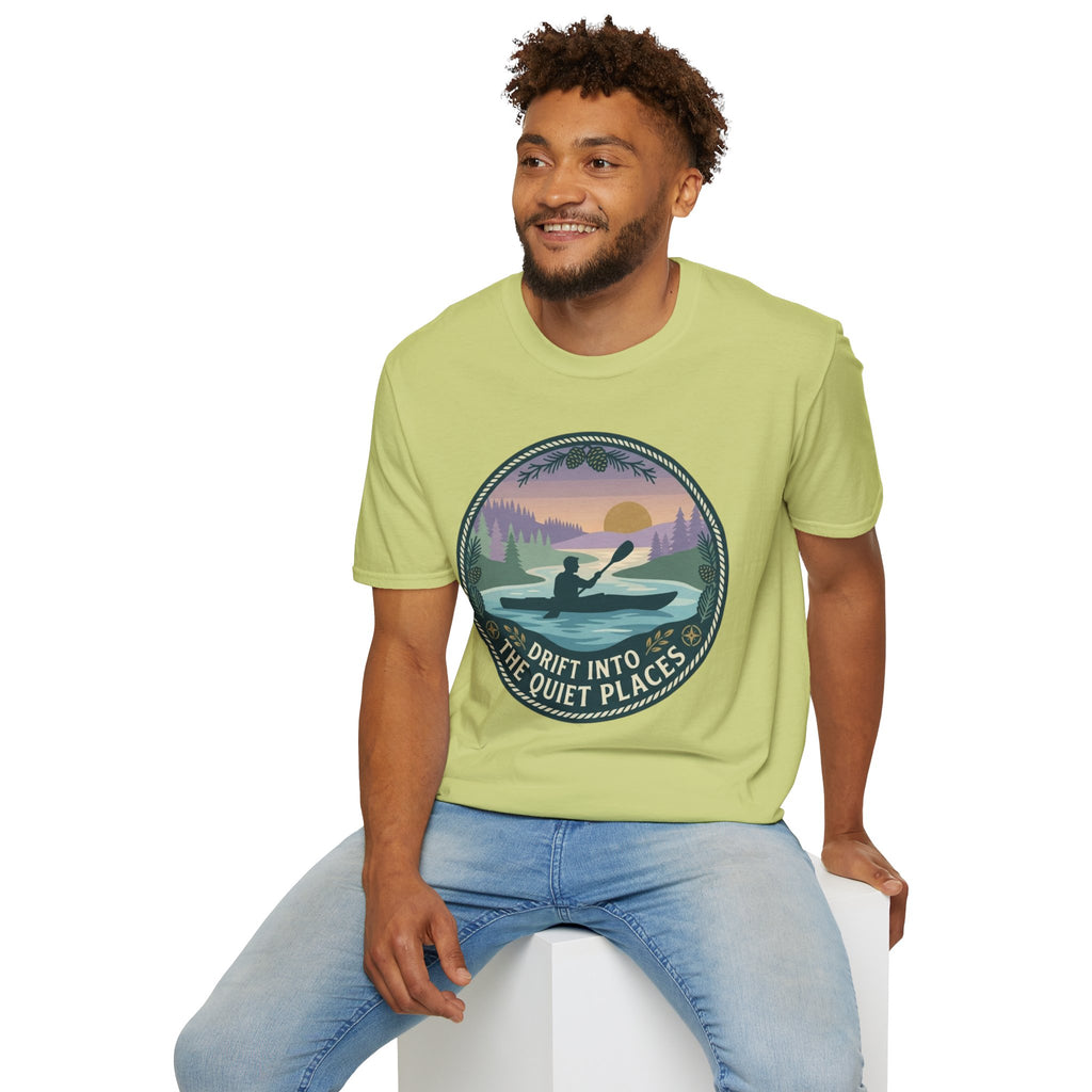 "Drift Into The Quiet Places" Kayak Sunset T‑Shirt — Outdoor Relaxation Tee Shirt