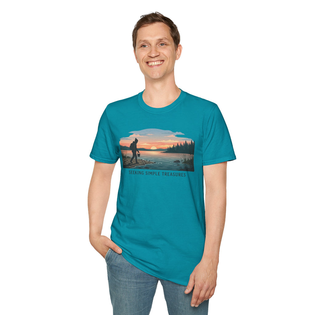 Outdoor T-Shirt — "Seeking Simple Treasures" Sunset Hiker Graphic