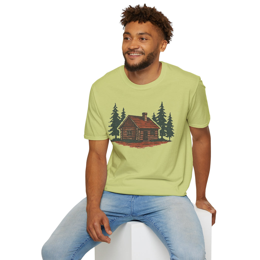 Vintage Cozy Cabin T-Shirt — Faded Pine Tree Cabin Tee