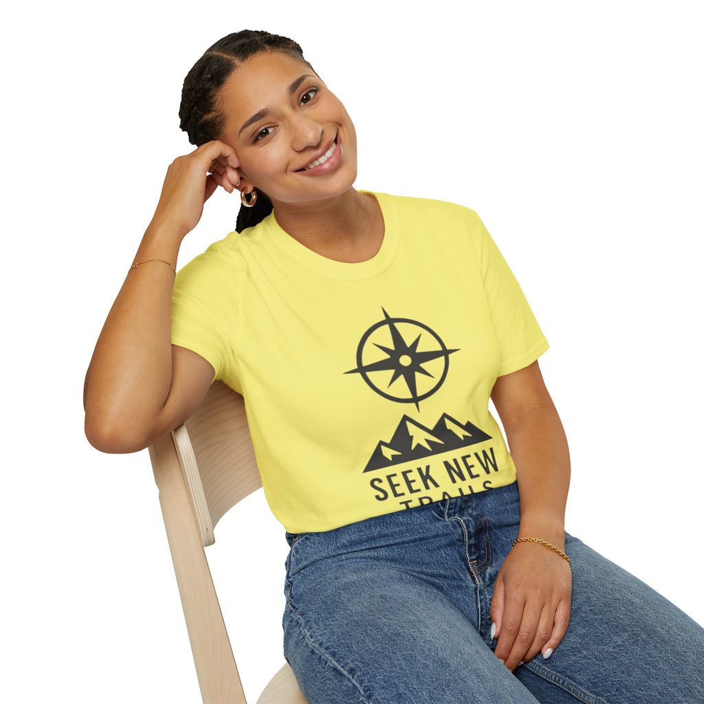 "Seek New Trails" Compass Over Mountains T-Shirt