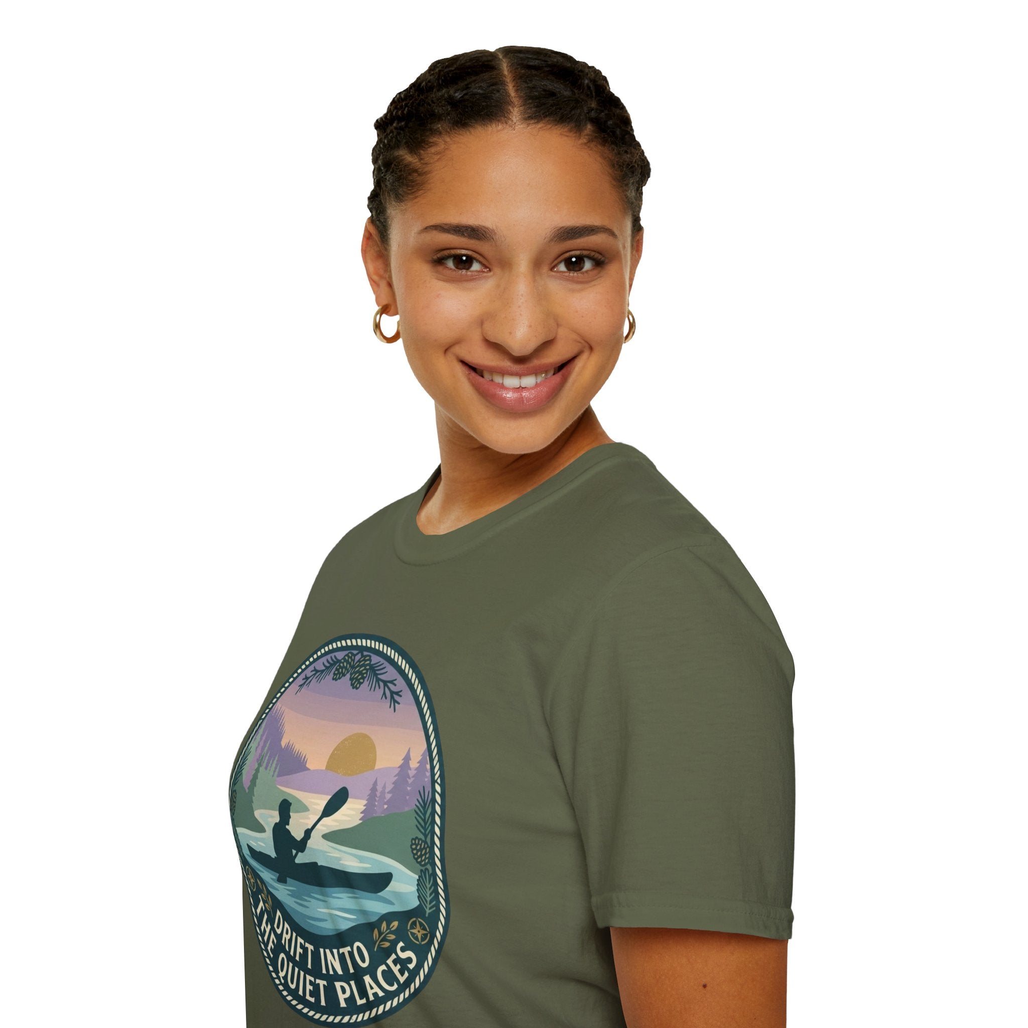 Kayak Sunset T‑Shirt — "Drift Into The Quiet Places" Outdoor Relaxation Tee