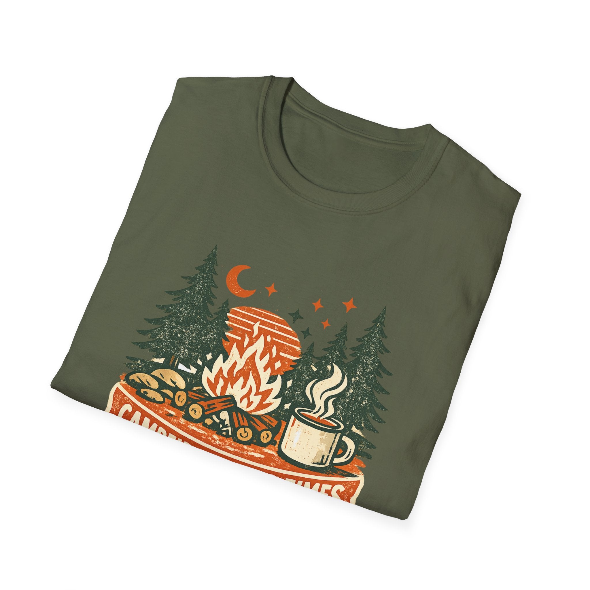 Campfires & Good Times T-Shirt — Retro Camping Tee with Bonfire, Trees & Coffee Mug