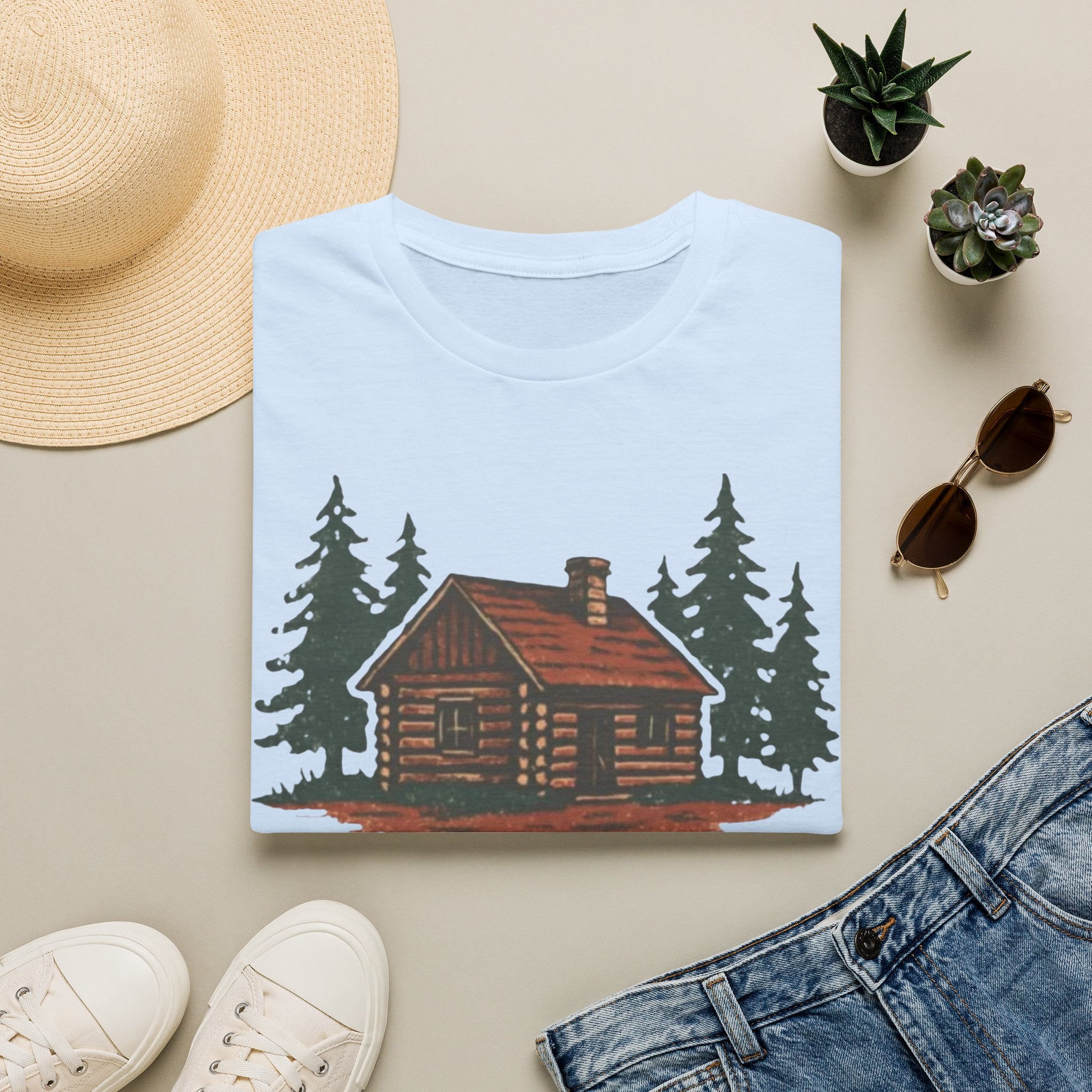 Vintage Cozy Cabin T-Shirt — Faded Pine Tree Cabin Tee