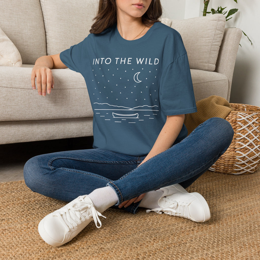 Into The Wild Canoe T-Shirt - Minimal Night Sky Lake Camping Tee