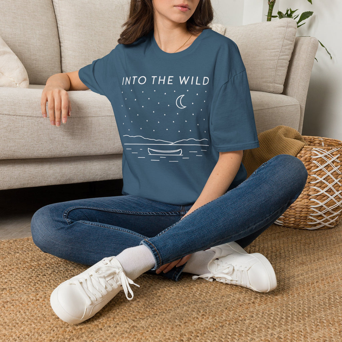 Into The Wild Canoe T-Shirt - Minimal Night Sky Lake Camping Tee