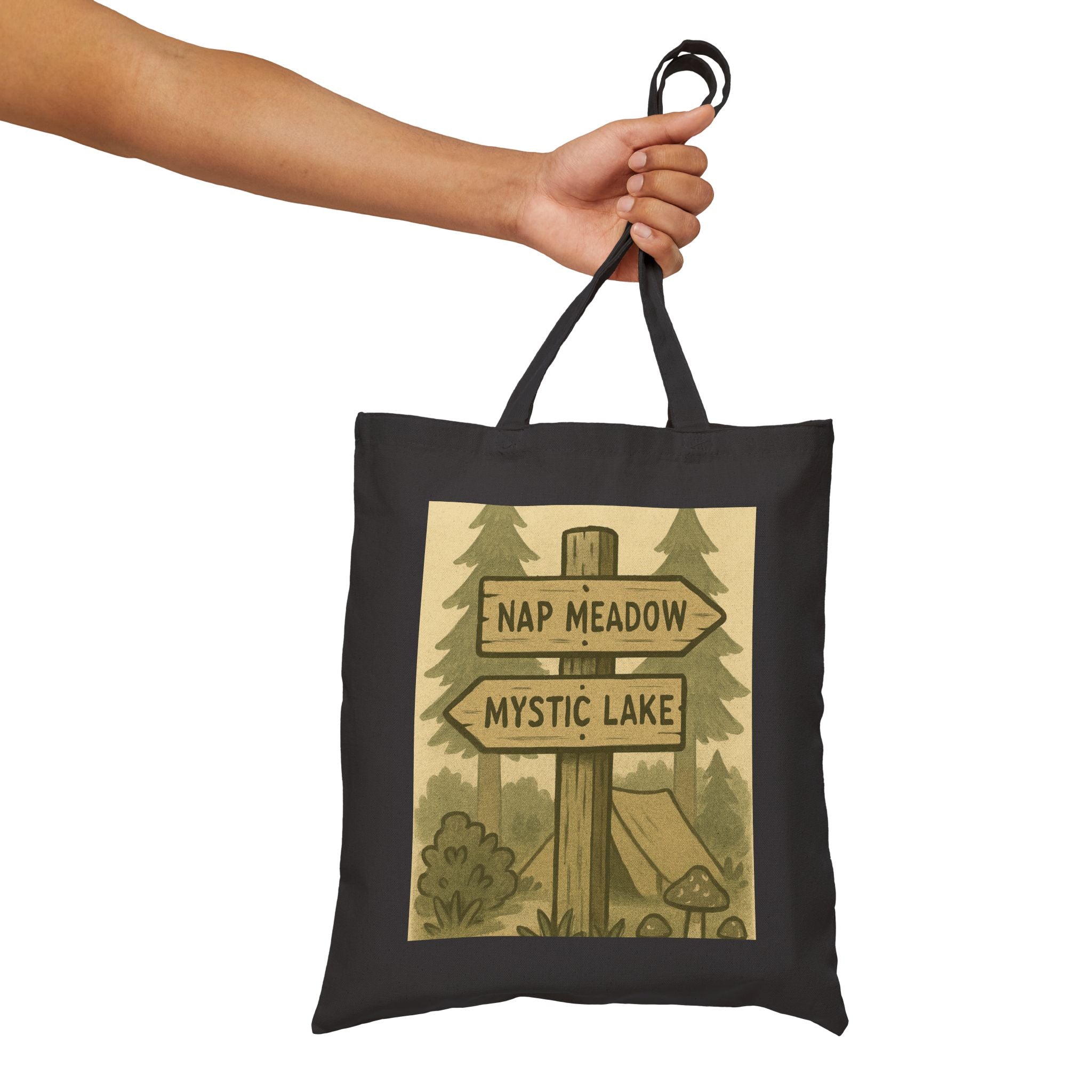Tote Bag — Rustic ‘Nap Meadow / Mystic Lake’ Camping Sign Canvas Tote