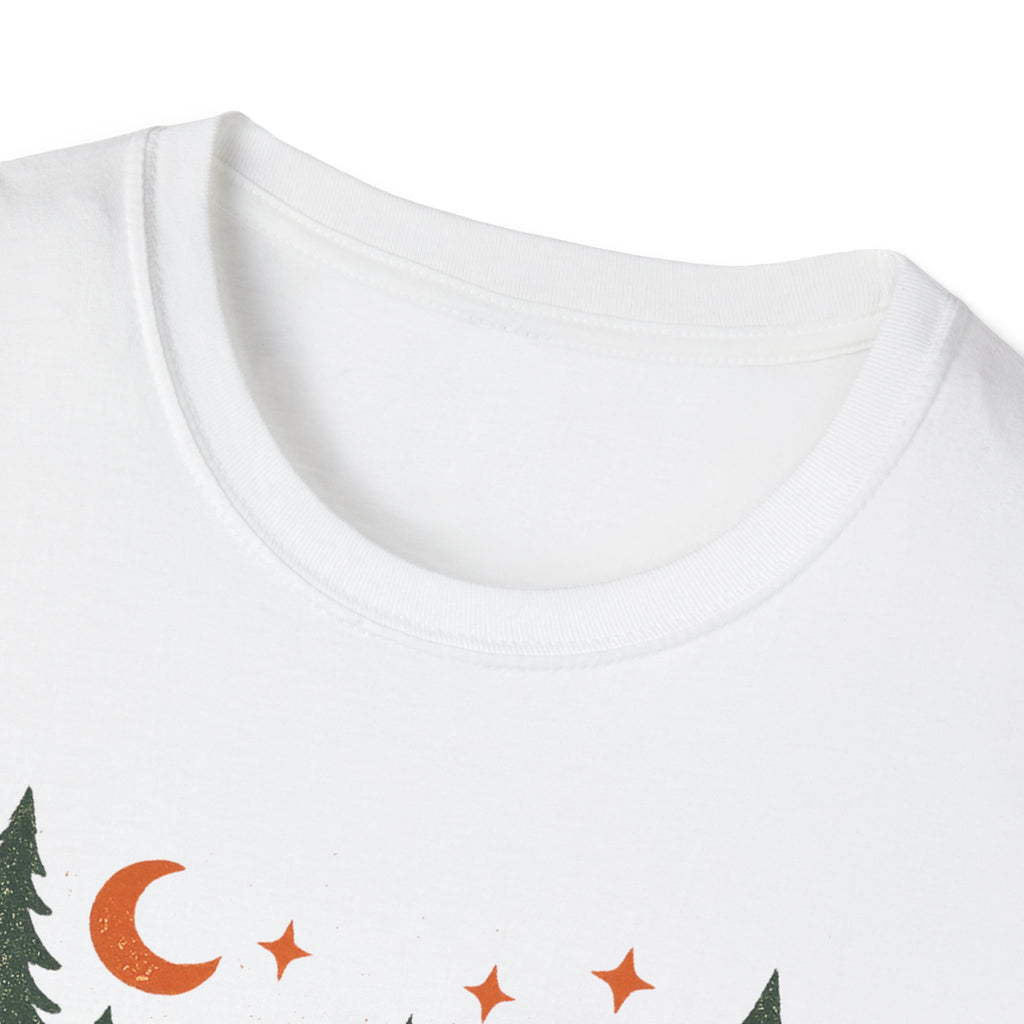"Campfires & Good Times" T-Shirt — Retro Camping Tee with Bonfire, Trees & Coffee Mug