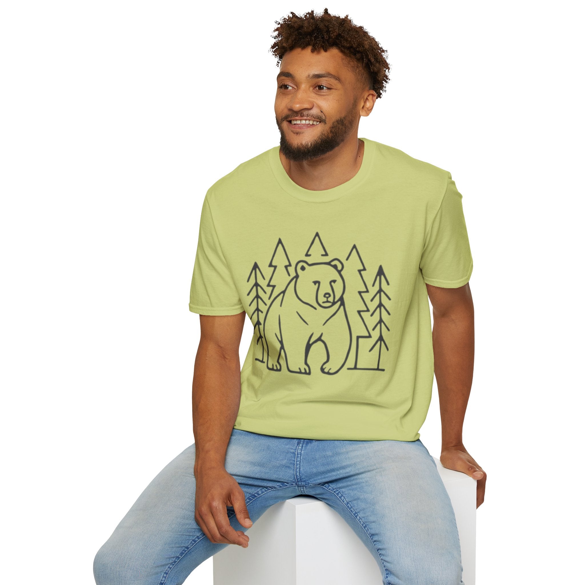 Bear & Pines T-Shirt — Minimal Line Drawing Woodland Tee
