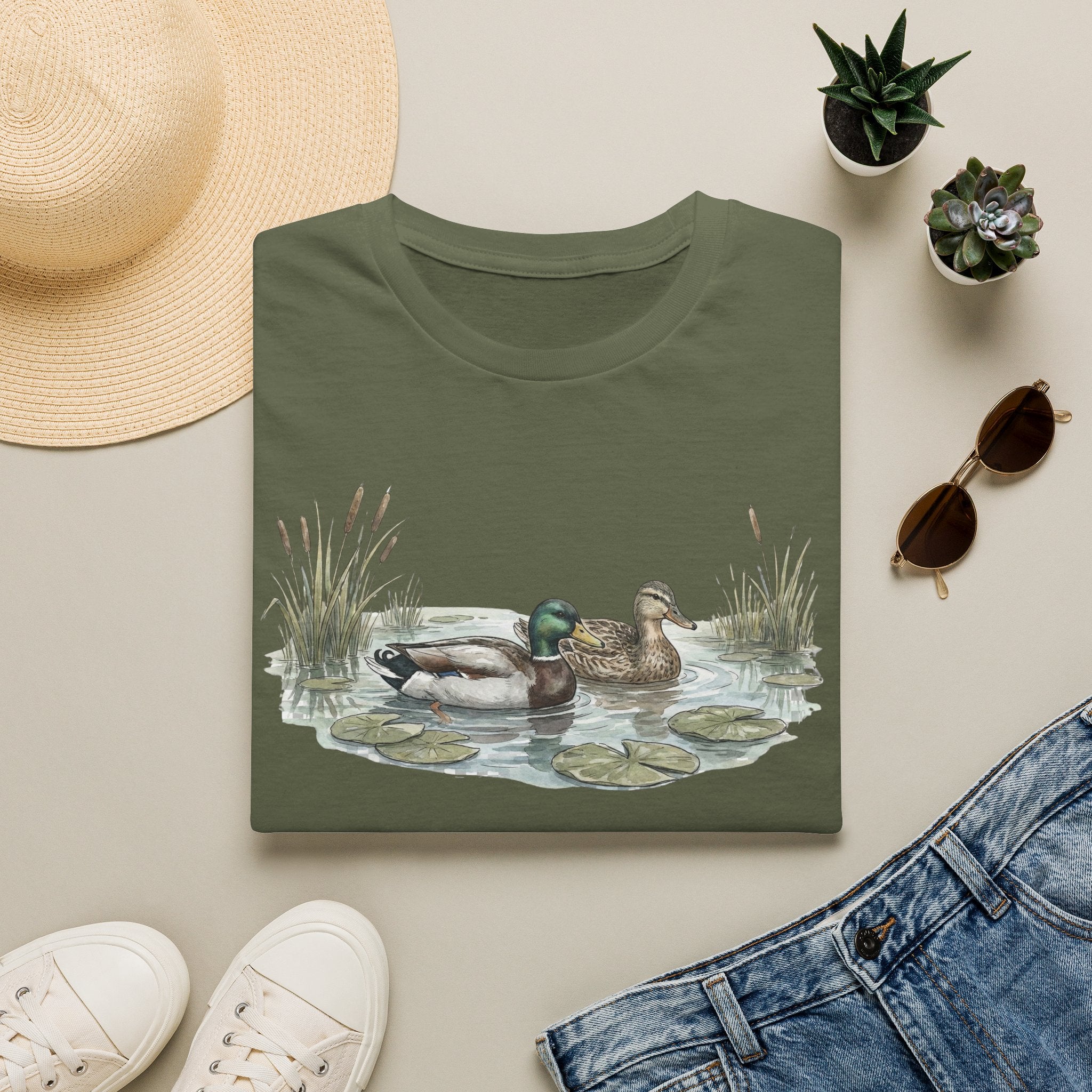 Duck Pair T-Shirt — Watercolor Mallard Ducks on Pond Nature Tee