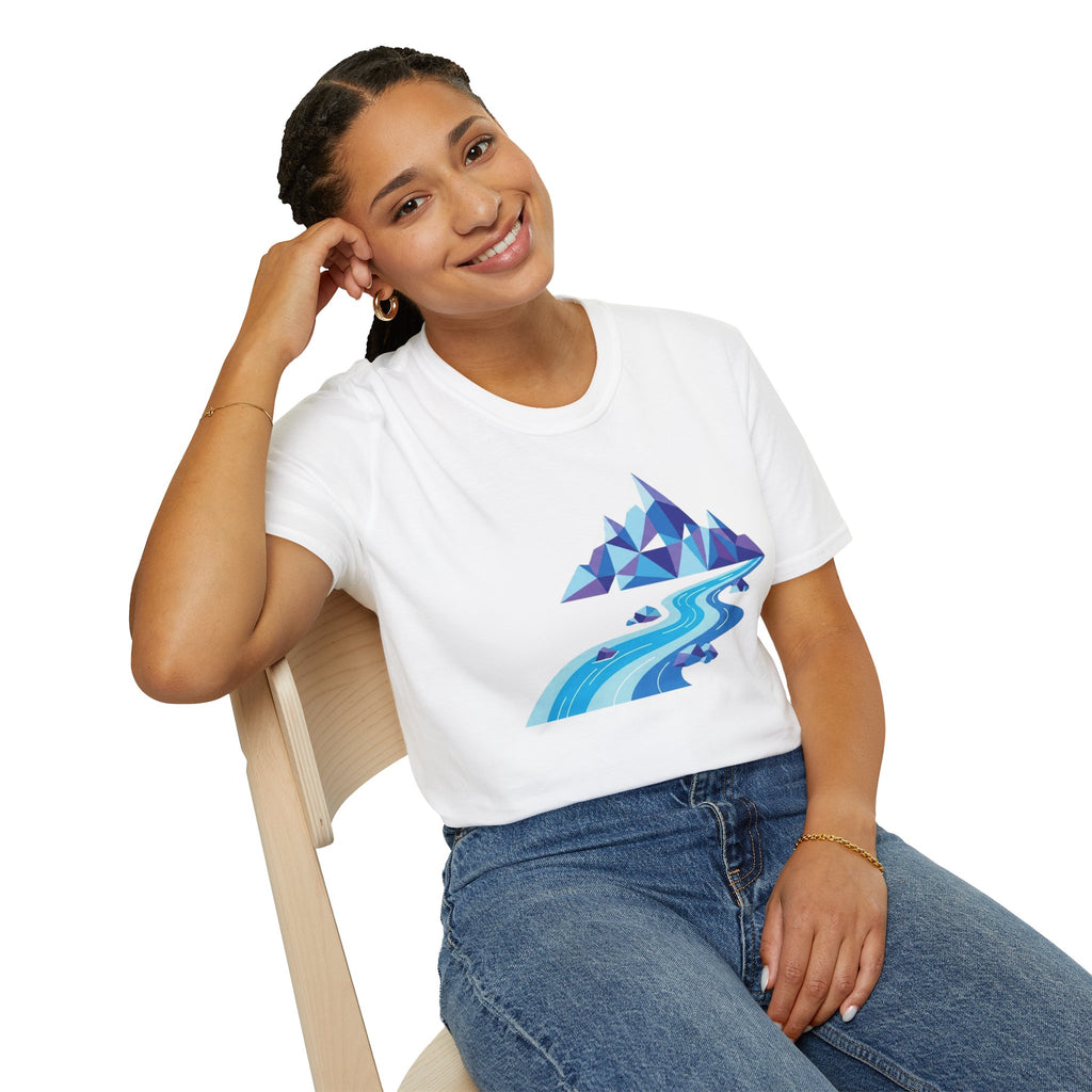 Mountain River T-Shirt — Geometric Blue Peaks & Flowing River