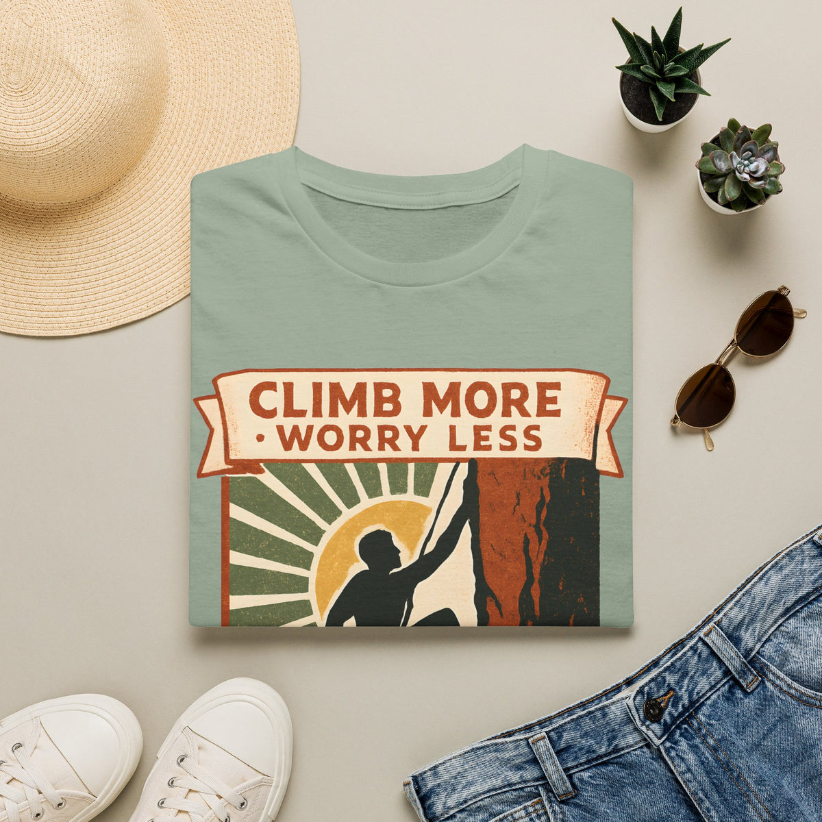 "Climb More Worry Less" Mountain Climber Silhouette with Sunburst T-Shirt