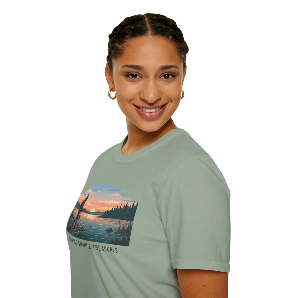 Outdoor T-Shirt — "Seeking Simple Treasures" Sunset Hiker Graphic