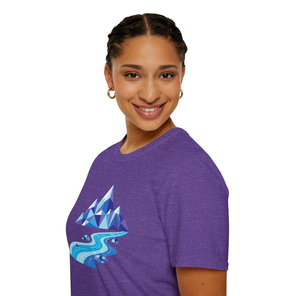 Mountain River T-Shirt — Geometric Blue Peaks & Flowing River