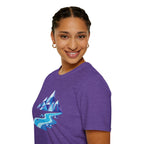 Mountain River T-Shirt — Geometric Blue Peaks & Flowing River