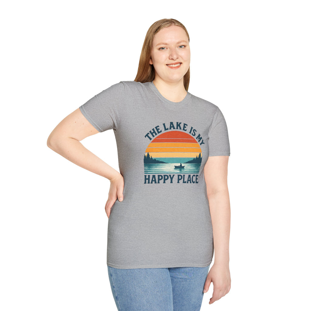 Canoe On The Lake At Sunset "The Lake Is My Happy Place" T-Shirt