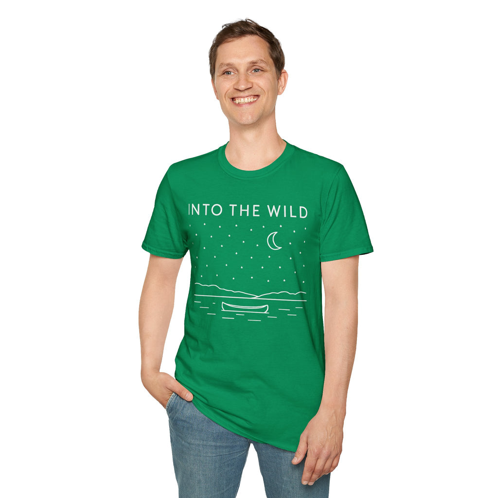 Into The Wild Canoe T-Shirt - Minimal Night Sky Lake Camping Tee