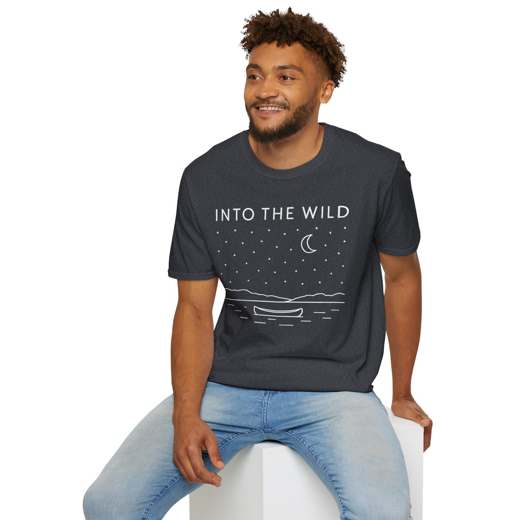Into The Wild Canoe T-Shirt - Minimal Night Sky Lake Camping Tee