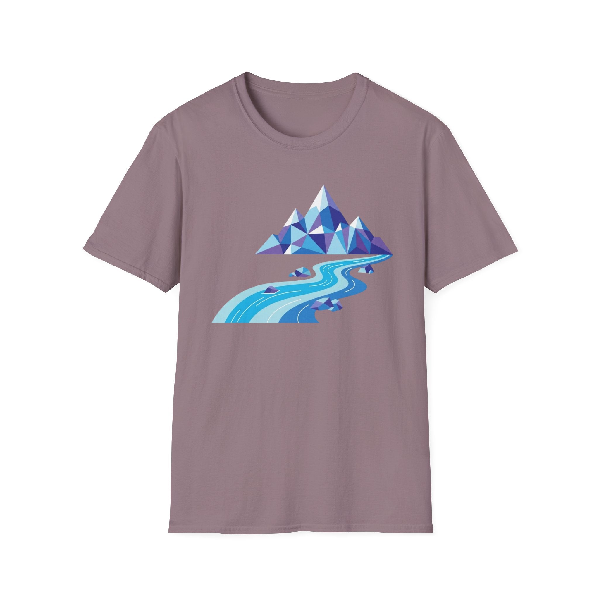 Mountain River T-Shirt — Geometric Blue Peaks & Flowing River