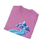 Mountain River T-Shirt — Geometric Blue Peaks & Flowing River