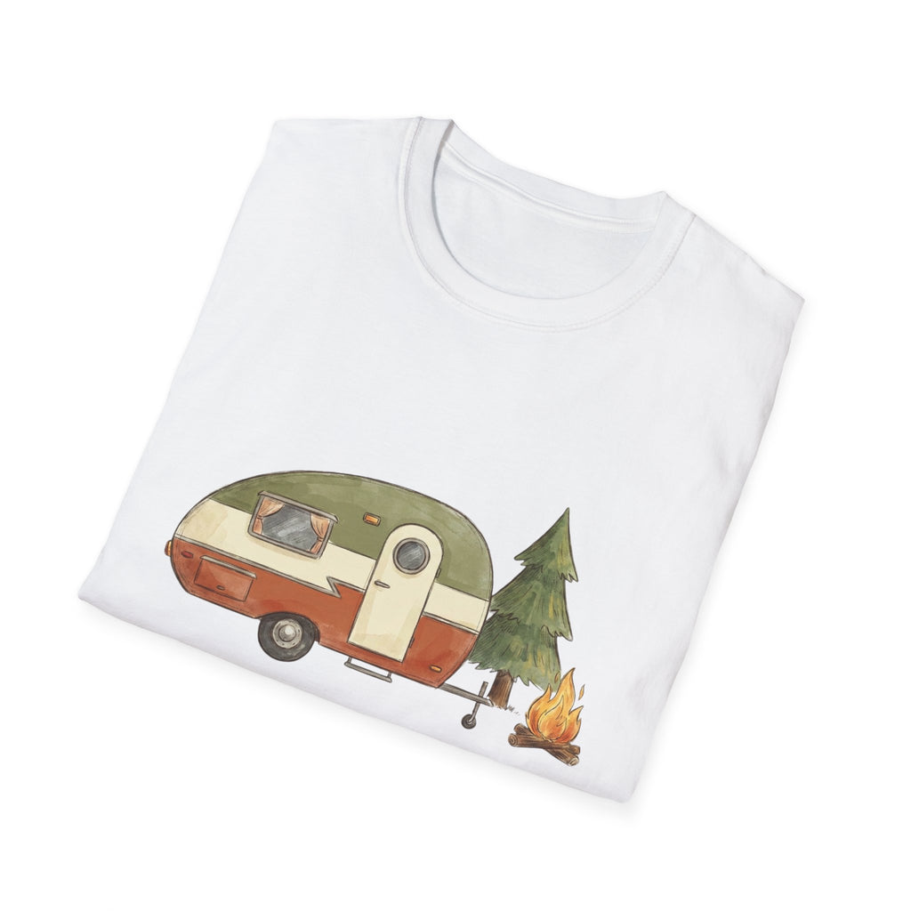 Vintage Camper & Campfire T-Shirt — Retro Trailer Camping Graphic Tee