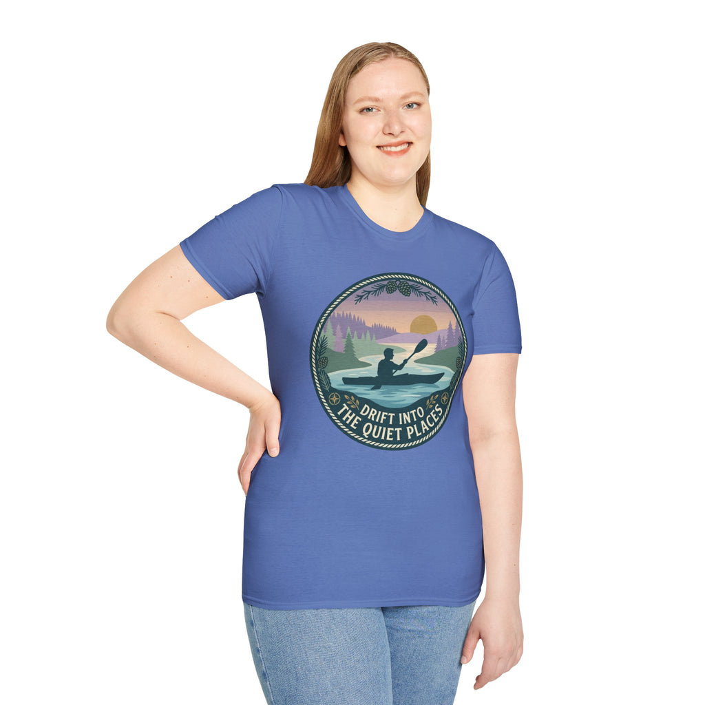 Kayak Sunset T‑Shirt — "Drift Into The Quiet Places" Outdoor Relaxation Tee