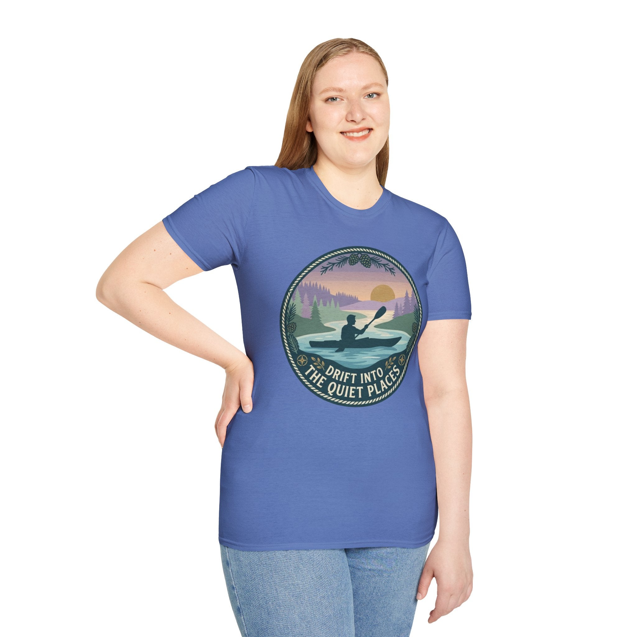 Kayak Sunset T‑Shirt — "Drift Into The Quiet Places" Outdoor Relaxation Tee