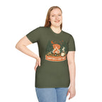 "Campfires & Good Times" T-Shirt — Retro Camping Tee with Bonfire, Trees & Coffee Mug