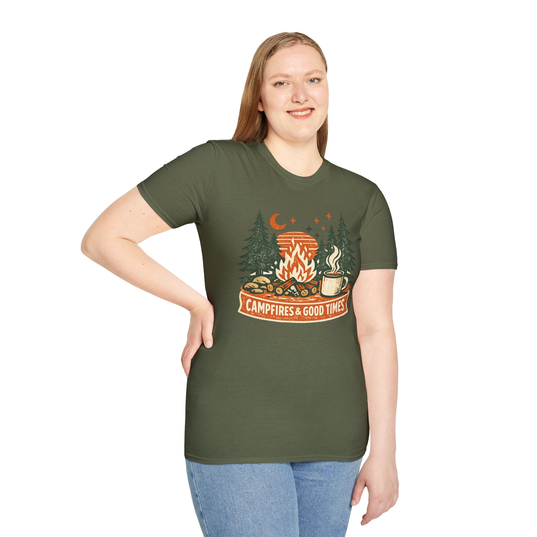 "Campfires & Good Times" T-Shirt — Retro Camping Tee with Bonfire, Trees & Coffee Mug